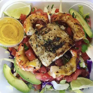 Sunny Salad topped with Mahi &amp; Shrimp