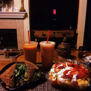 Citrus Cooler Smoothie and Strawberry Mango Smoothie with Roasted Chicken Sandwich and Fruit Salad