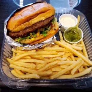 Venezulan-Style Bacon Cheeseburger combo!  (12oz. drink not in picture)