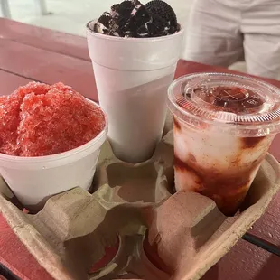 Coconada, tigers blood sno cone, Oreo milkshake