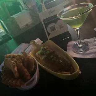 Fries, salmon bites, martini