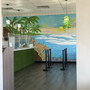 the entrance to a restaurant