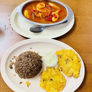 Shrimp in devil sauce (spicy tomato sauce) black bean rice (Moro) fried green plantains