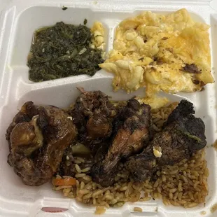 ox tail, jerk chicken, mac pie and spinach all for about $20??