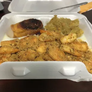 Curry Shrimp Side of Plantains Side of Chickpeas and Potatoes rice and beans