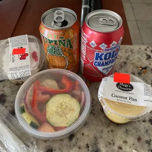 Jupina, Kola Champagne, Tres Leches, Tomatoes and Cucumber Salad, Coconut Flan