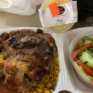 Baked Chicken Friday Lunch Special with a side of cucumber salad and flan for desert.