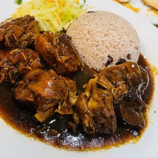 Entree: Brown Stew Chicken (Large) with Cabbage, and Rice and Peas