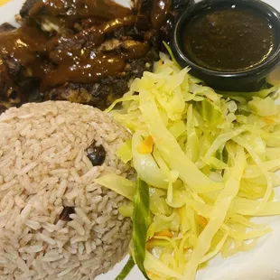 Entree: Jerk Chicken (small) with Cabbage, and Rice and Peas