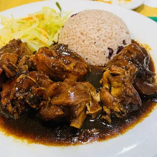 Entree: Brown Stew Chicken (Large) with Cabbage, and Rice and Peas