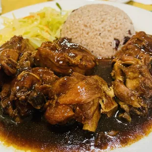 Entree: Brown Stew Chicken (Large) with Cabbage, and Rice and Peas