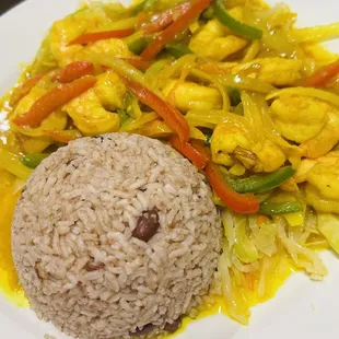 Entree: Curry Shrimp with Rice and Peas and Cabbage