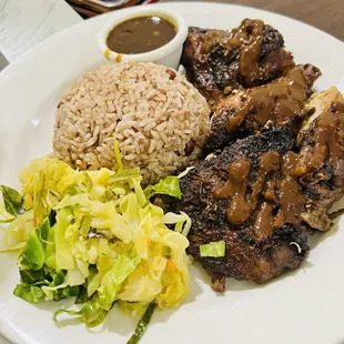 Jerk Chicken (large) with Rice and Peas and Steamed Vegetables