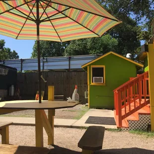 a picnic table with an umbrella