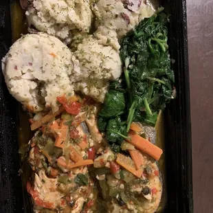 Salmon, garlic mashed potatoes and spinach