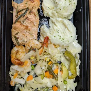 Salmon, Shrimp Mash potatoes and steamed veggies, delicious