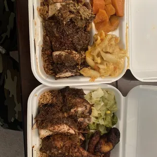 Jerk chicken and cabbage with Mac and yams