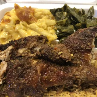 Jerk chicken(I specified dark meat, flavor not super smoky or overly peppery), collard greens, Mac and cheese -baked ziti and lots of cheese