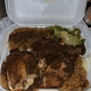 Jerk chicken, cabbage