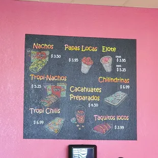 a menu on the wall