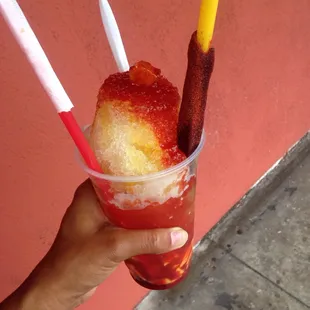 Mango, chamoy, piña, shaved ice and Mexican candy straw!