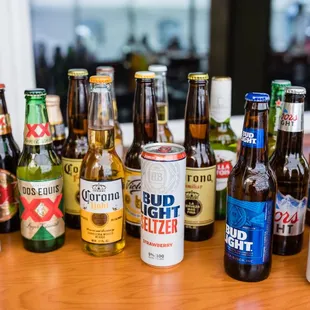 a table full of beer bottles