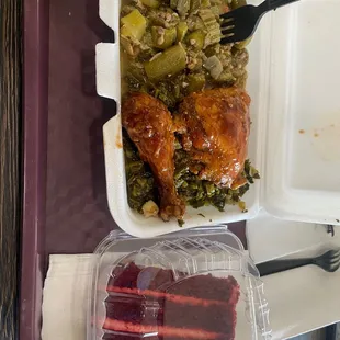 BBQ Chicken greens, okra,and red velvet cake.