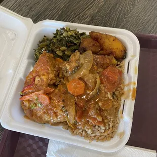 Stewed king fish, rice n peas, collard greens and plantains