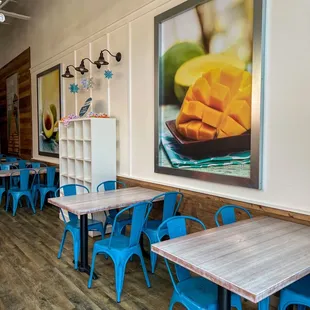 tables and blue chairs