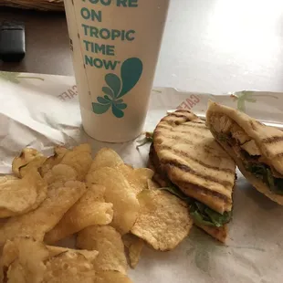 Flat bread, chips and a smoothie. Approximately $11