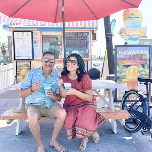 Us enjoying our tropical sno! Hers: Cotton Candy Hawaiian Style w/ Coconut Cream. His: Blue Marlin.
