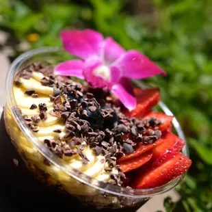 Tropical Bowl with power topping and Strawberries added
