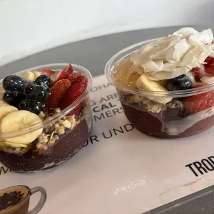 Left: small tropical tribe w premium toppings  Right: small Hawaiian w tropical toppings
