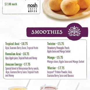 Smoothies and Pao de queijo Menu