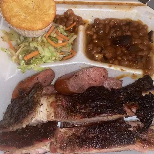 ribs, beans, and coleslaw