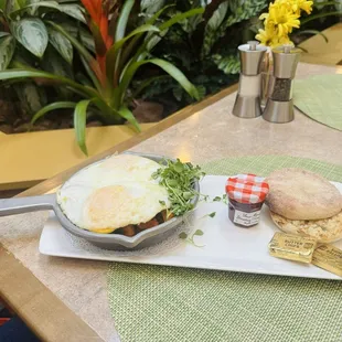 Breakfast chorizo skillet with English muffin. Delicious!!