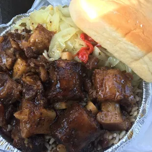 Oxtail, peas &amp; rice, cabbage, and coco bread.