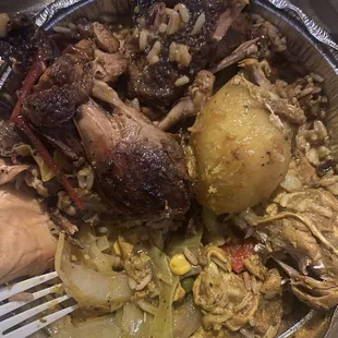 Brown stew/curry chicken combo