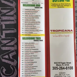 Cantinas 31$ + Tax Mon-Fri ... Mondays menu