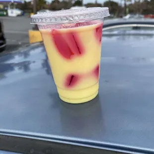 strawberry jello w vanilla pudding. not sweet. Delicious.