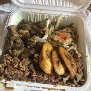 a meal in a styrofoam container