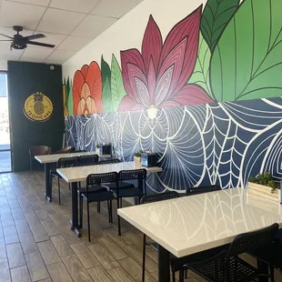 tables and chairs in a restaurant