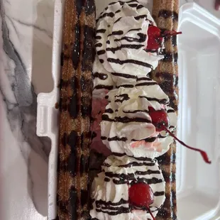 Churro Split with 3 scoops of ice cream