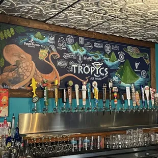 a bar with beer taps