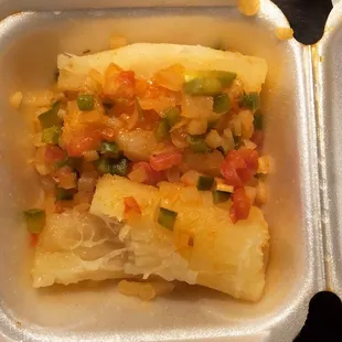 Yuca with a salsa on top, very good! I&apos;ll take more anytime.