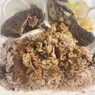 Jerk Chicken w/ Rice n Peas and cabbage