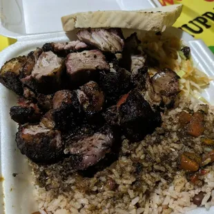 Jerk Pork, Cabbage, Rice and Peas