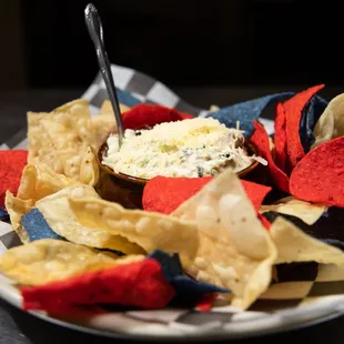 a plate of chips and dip