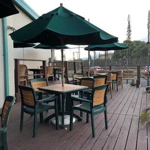 tables and umbrellas on a deck