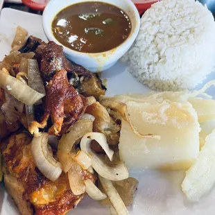 Pollo Asado Yuca con Mojo, white rice, beans